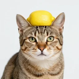 photo of a tabby cat with a lemon for a head