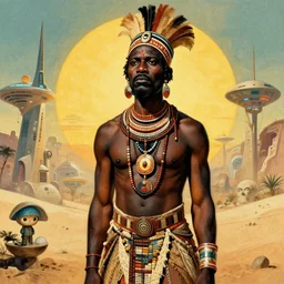 an african tribal chief, art by drew struzan & joseph christian leyendecker, retro futuristic