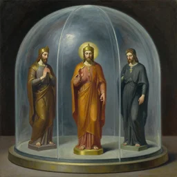 three holy robotic seers watchers oracles soothsayers inside a dome, pj crook, grant wood, edward hopper, syd mead, oil on canvas