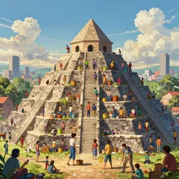 highly detailed poster, pyramid of the capitalist system, people of south america, man and womas working, poor people, ritch people, happy ambience, stephen bliss, unreal engine, fantasy art by greg rutkowski, loish, rhads, ferdinand knab, makoto shinkai and lois van baarle, ilya kuvshinov, rossdraws, tom bagshaw,