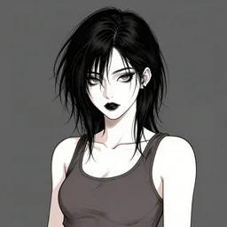 character portrait of a cool goth girl with messy black hair, wearing a tanktop, lesbian, highly detailed, realistic, vector line art, clean cel shaded vector art, by ross tron, lois van baarle, artgerm, helen huang, makoto shinkai, ilya kuvshinov, rossdraws