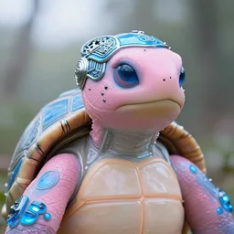 natural light, soft focus portrait of a cyberpunk anthropomorphic turtle with soft synthetic pink skin, blue bioluminescent plastics, smooth shiny metal, elaborate ornate head piece, piercings, skin textures, by annie leibovitz, paul lehr