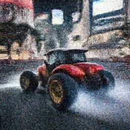 a racing tractor drifting around the corner, smoke emanating from it's spinning wheels and exhaust. In a game of Need For Speed:Underground. moody cinematic lighting, high shutter speed, night, manga, Shibuya Crossing