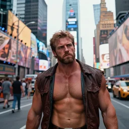 a Matte painting of Hercules looking lost in the middle of Times Square, New York, photo realistic, high detail