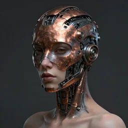 human 3 d by pantokrator, beautiful sexy woman head made of mech mask rendered in unreal engine, cyberpunk, dark, scifi, copper dark cyberntic vessels coming from core processor, contrast, painted by david burliuk | bernard buffet | carne griffiths | stanislaw lem