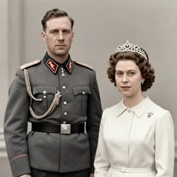 5 0 mm 1 9 4 6 historical photo, of a single german general and a young queen elizabeth signing a peace treaty, a cute corgi watches from above, french village interior, highly detailed, sharp focus, symmetrical face