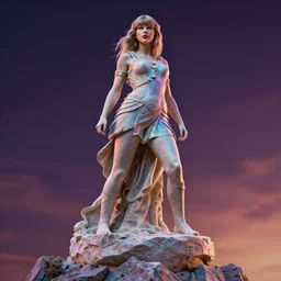 photorealistic stone sculpture of taylor swift standing atop mount olympus. hyperdetailed photorealism, 1 0 8 megapixels, amazing depth, high resolution, 3 d shading, 3 d finalrender, 3 d cinematic lighting, glowing rich colors, psychedelic overtones, artstation concept art