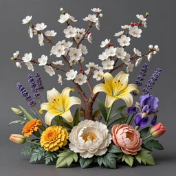 still life of flowers, centered, complex 3 d render, ultra detailed, intricate, 8 5 mm lens, refined, high definition, photo realism, rembrandt lighting, cherry blossoms, white flowers, little red berries, detailed, twigs, lavender, yellow st joseph lily, peonies, foliage, marigold, tulips, iris,