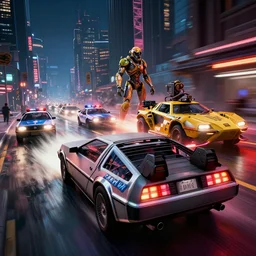 photo of the back to the future delorean being chased by police on wet cyberpunk city streets at night, rocket league tank, mad max, action, speed, volumetric lighting, hdr, gta 5, makoto shinkai, syd mead, borderlands, fast and furious, octane, 8 k, iso 1 0 0, 1 2 mm