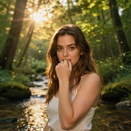 big - eyed mila kunis biting her lip, sun - rays through canopy, gentle sparkling forest stream, sundown golden hour firefly wisps, focal length : 2 0 0. 0 mm, steve hanks, charlie bowater, mark brooks, steve henderson, justin gerard, mark keathley, victor nizovtsev, tom bagshaw, krenz cushart, ross tran