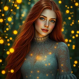 young woman surrounded by golden firefly lights in a stunning scene, amidst nature fully covered by a intricate detailed dress, long red hair, precise linework, accurate green eyes, small nose with freckles, smooth oval shape face, empathic, bright smile, expressive emotions, hyper realistic ultrafine art by artemisia gentileschi, jessica rossier, boris vallejo