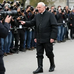 john paul ii in a black puffed nuptse, black cargo pants and high black boots, press paparazzi photograph