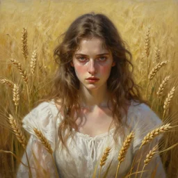 Hyper realistic detailed painting of a Paludnitsa! (in a lush wheat crop). Perfect face, beautiful!, white dress, menacing!, melancholic!!, dreamlike, highly detailed, sharp focus, digital painting, art by Eddie Mendoza, detailed and intricate environment, highly detailed, award winning art.