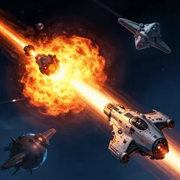 fireball shooting from sci - fi spaceship at enemy sci - fi spaceship, video game cover art