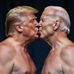 Shirtless Donald Trump and shirtless Joe Biden intensely making out, realistic, hyperrealistic, highly detailed, very detailed, 8k resolution, real life, HD quality, dramatic, studio quality lighting
