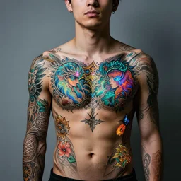a beautiful young man has intricate, ornate and beautiful colorful glowing tattoos