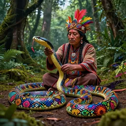 a peruvian Ayahuasca shaman in a luxurious forest is mastering snakes covered with colorful shipibo patterns, digital visionary art, psychedelic vibrant colors, cinematic, extremely high detail, octane render, post processed,