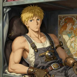 portrait of a mechanic resting in her cramped bunk, blonde, tank top, overalls, steampunk, richly defined face, highly detailed, cel shading, digital painting, anime key visual, artwork by ilya kuvshinov and hayao miyazaki and alphonse mucha