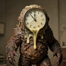 An old photo of a monstrous creature with the head that looks like an analog clock and its body looks like a melting wax
