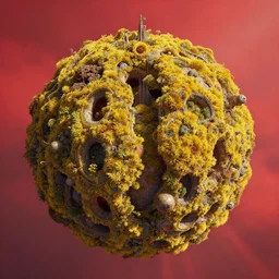 organic structures from the cavities of an arcology located on an alien world where the flora is yellow and the skies and red