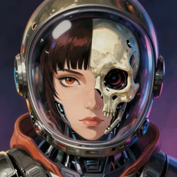 realistic detailed cyberpunk close up portrait of a menacing girl with half human half robot skull, shiny space helmet by Anna and Elena Balbusso, Akira, Ghost in the Shell, studio Ghibli, anime Art Nouveau, rich deep vibrant colors, futuristic, sci-fi