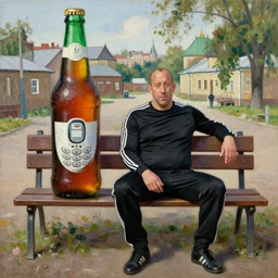 vin diesel in black adidas sport costume, as gopnik character, sitting on a bench with huge beer bottle and a nokia 3 3 1 0, in the courtyard of a provincial russian town, intricate, oil on canvas, naturalism