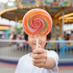 a kid holding a sweet sugar candy in fornt of an amusement park