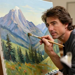 a closeup photorealistic photograph of bob ross holding a paintbrush and diligently finishing a canvas painting of tom cruise. mountains and trees. film still. brightly lit scene. this 4 k hd image is trending on artstation, featured on behance, well - rendered, extra crisp, features intricate detail, epic composition and the style of unreal engine.