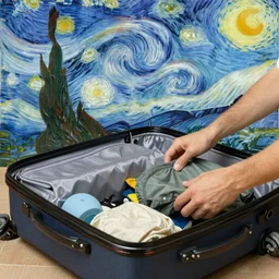 person packing luggage for a trip, painting by Van Gogh