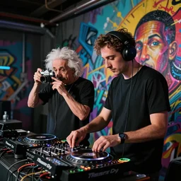 DJ Nikolai Tesla spins some beats while MC Albert Einstein drops some dope rhymes, trendy futuristic street art, graffiti, 35mm camera