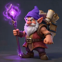 dwarf alchemist carrying a staff with purple energy radiating from it, tomes and scrolls on his back, ling white beard, in the style of league of legends