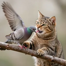 cat playing with a dove biting a branch, photorealistic, detailed