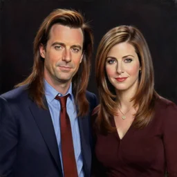 portrait painting of jim halpert and pam beesly, dark background, in the style of gil elvgren