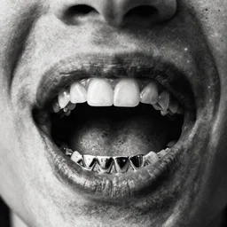 mouth open with upper and lower metallic tooth grills, gritty grainy black and white film photograph, album artwork, PUP