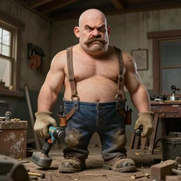 grumpy chunky bald handyman, mechanical powertools as hands, bushy full moustache, dusty old home, full body, hyperrealistic absurdist digital art masterpiece, highly detailed neo pop surrealism, jason limon kay sage hannah yata, dramatic lighting, low angle, uhd 8 k, sharp focus