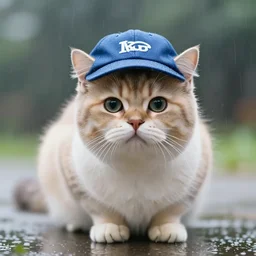 smol fluffy cat wearing smol cap, light rain