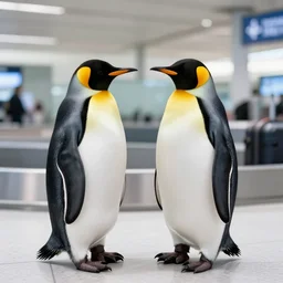 two penguins in airport baggage claim area, ektachrome,
