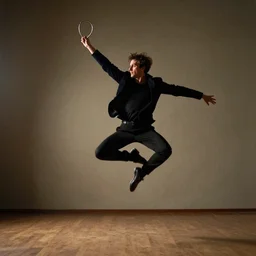a man boisterously dancing around the room by himself holding a single empty as he jumps in the air, dramatic lighting, award-winning photo UHD, 4K, by (Leonardo da Vinci)