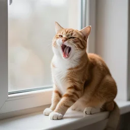 a ginger cat with a white chest and paws, yawning and stretching on a windowsill.