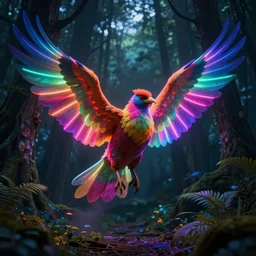 massive bird with neon wings in a dim dark forest colorful 4 k path traced high definition detailed artstation realistic trending dramatic lighting dark and light contrast