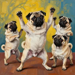 pugs we're going to dance and have some fun, head banging groove is in the heart, painted by james jean and fernando botero