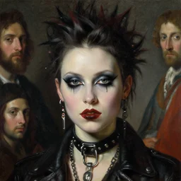 close up portrait of a punk goth girl in a futuristic retrowave napoli by ellen von unwerth, oil painting by canaletto hieronymus bosh leonardo da vinci piero della francesca botticelli