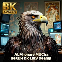 hyperrealist portrait of a man with an eagle head costume, it is decorated with long wires and feathers with lots of computer monitors in the background. by jeremy mann and alphonse mucha, fantasy art, photo realistic, dynamic lighting, artstation, poster, volumetric lighting, very detailed faces, 8 k, award winning