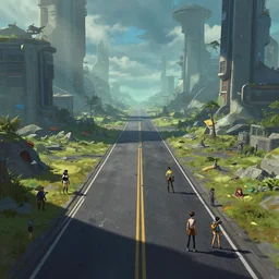 photo environement post futurist road : 4, 4 k rtx hdr volume light concept studio matte painting environement digital illustration style art that looks like it is from borderlands and by feng zhu and loish and laurie greasley, victo ngai, andreas rocha, john harris by jesper ejsing, by rhads, makoto shinkai and lois van baarle