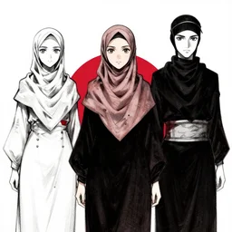 hijab tribe jaw japan flag background, character designs, digital painting, manga, ink illustration, guy denning