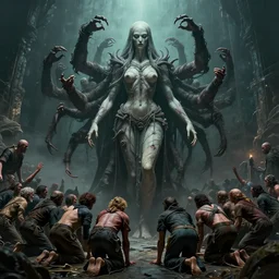 ultra realistic digital art of cthulu embodied as a human woman with hundreds of men worshipping at her feet, 4 k