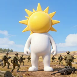 the rise of ukrainian sun on a battlefield of human soldiers versus anthropomorphic pigs, detailed, volumetric light, sharp focus, highly detailed, by goro fujita ilustration artstation
