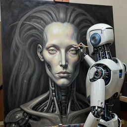 robot artist painting a self - portrait on a canvas. intricate, highly detailed, digital matte painting in the style of gil elvgren and in the style of h. r. giger and in the style of anna dittmann. irony, recursion, inspiration.