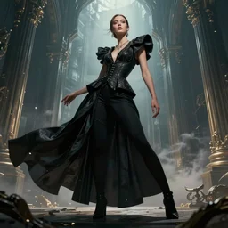 beautiful cinematic fantasy poster, character concept of a beautiful fashion model wearing haute couture in dynamic pose, wideshot ultrawide angle epic scale, hybrid, by artgerm; wayne reynolds art station; cinematic quality character render; low angle; ultra high quality model; production quality cinema model;
