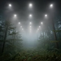 vast foggy forest with a ceiling, lights on the ceiling